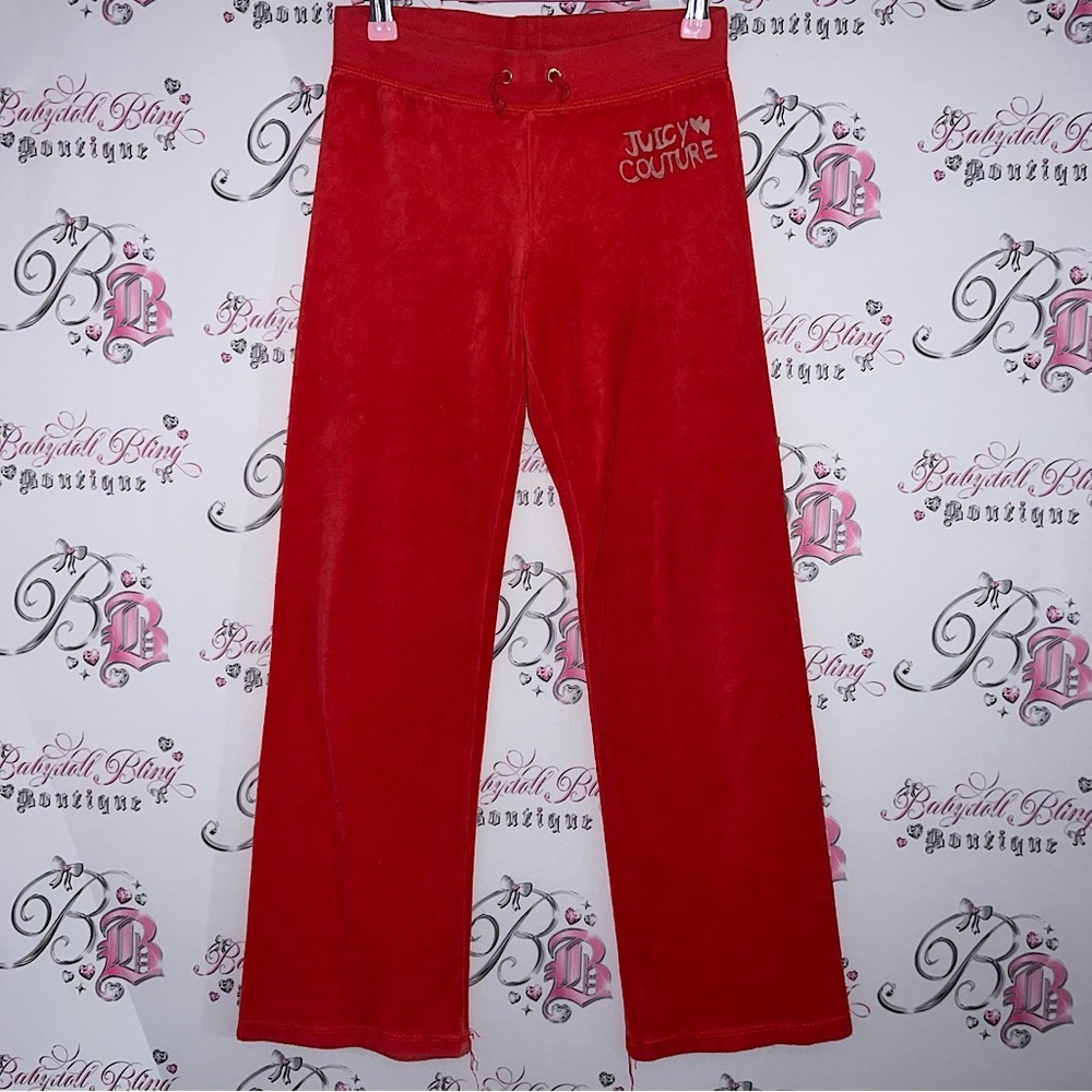 Juicy couture pants red orange logo on leg velour velvet classic fabric y2k rare